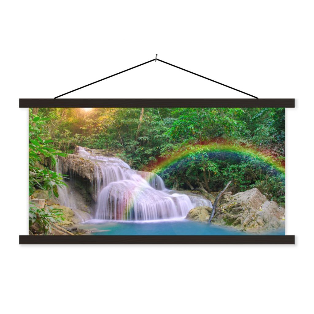 MuchoWow Textilposter Regenbogen - Sonne - Wasserfall - Natur 120x60 cm mit schwarzem Rahmen - Dekoration Schlafzimmer