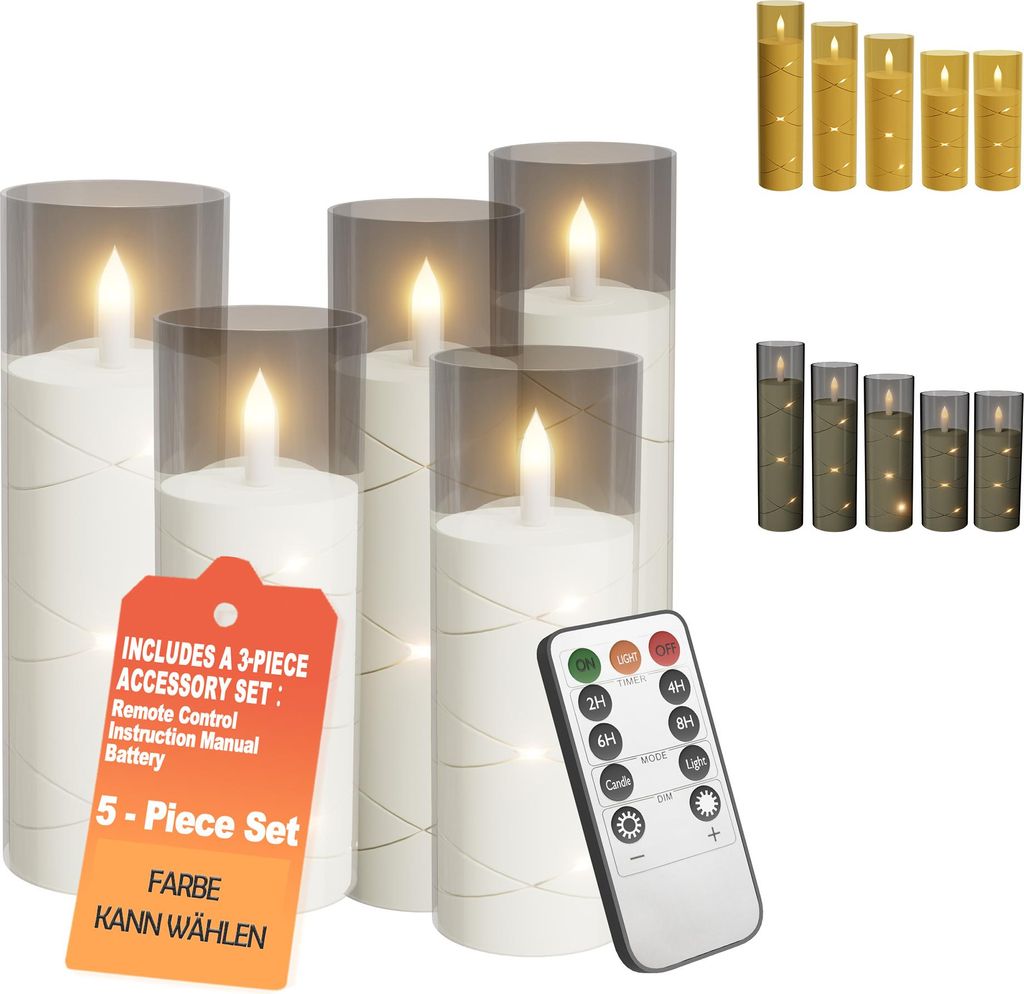 UISEBRT LED-Kerzen 5er Set mit Lichterkette, flammenlos, batteriebetrieben, Fernbedienung & Timer, Wohnzimmer, Weihnachtsdeko, Transparent