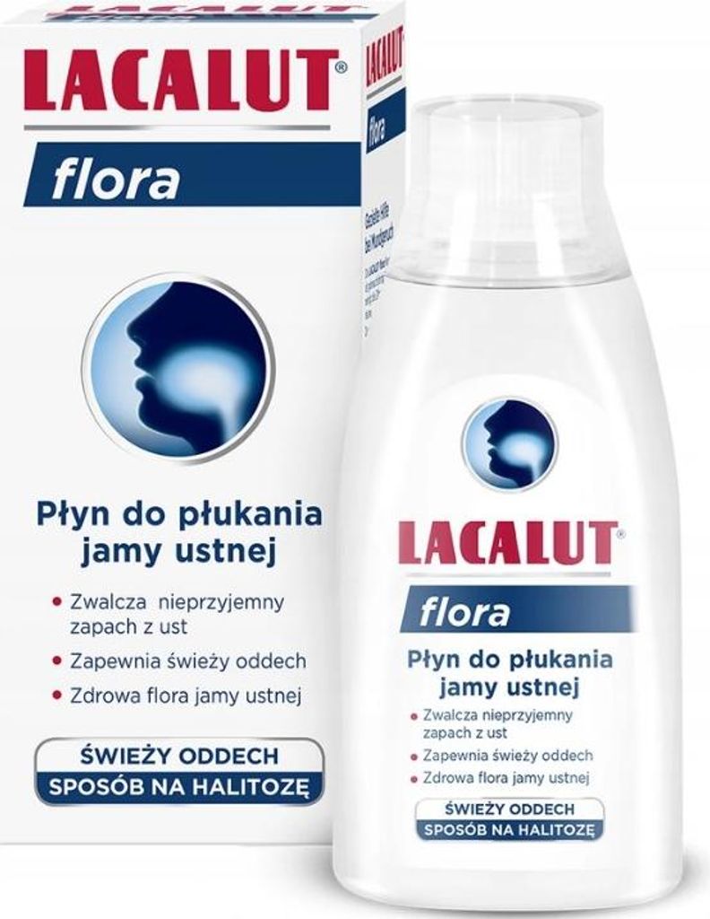 A product shot of Lacalut Flora mouthwash, showing both the box and the bottle.