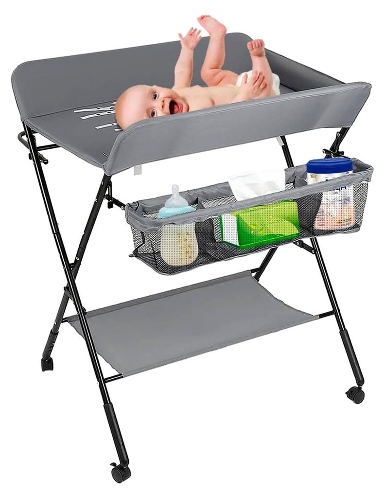 Klappbarer Wickeltisch für Babys, mobiler Wickeltisch mit Rollen und Wickelauflage, wasserdicht und höhenverstellbar, Wickelkombi mit Ablagefäch...