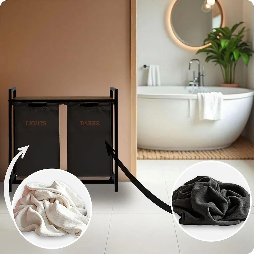 Panier à linge 2 compartiments 80L Massido châssis robuste design noir - 10