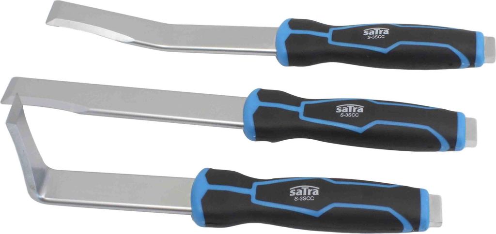 Three car body separating chisels with black and blue handles are laid out horizontally against a white background.