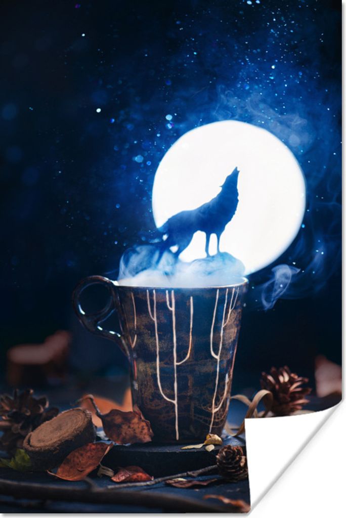 MuchoWow Poster Wolf heult den Mond an 80x120 cm - Papierdruck