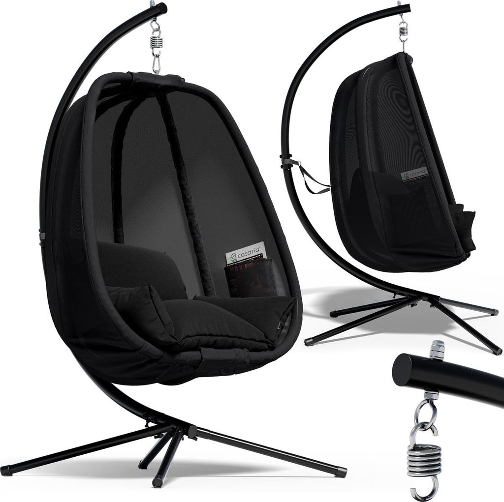 CASARIA Hängesessel Outdoor mit Gestell XXL Hängestuhl 94cm Breit 2 Seitentaschen Kissen Schaukelstuhl 150kg Belastbar Indoor Schwarz Schaukels...