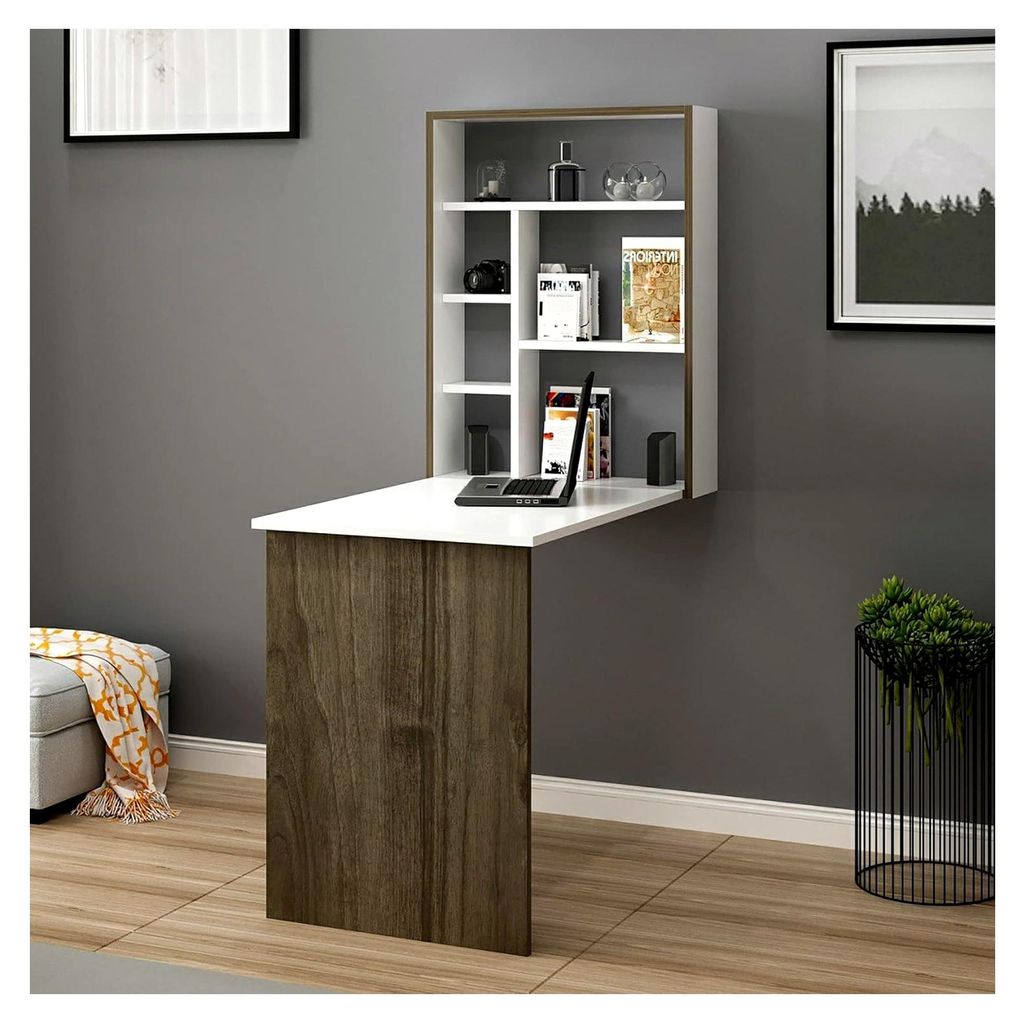 Wandklapptisch Greve in Weiß mit Walnuss-Optik für Büro und Arbeitszimmer