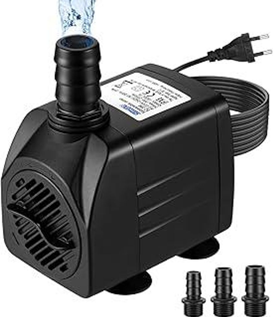 heuchaey Wasserpumpe, 1800L/H, 25 W Ultra Leise Aquarium Pumpe mit hohem Hub, Tauchpumpe mit 3 Düsen für Teich, Garten, Brunnen, Aquarium, Tischb...