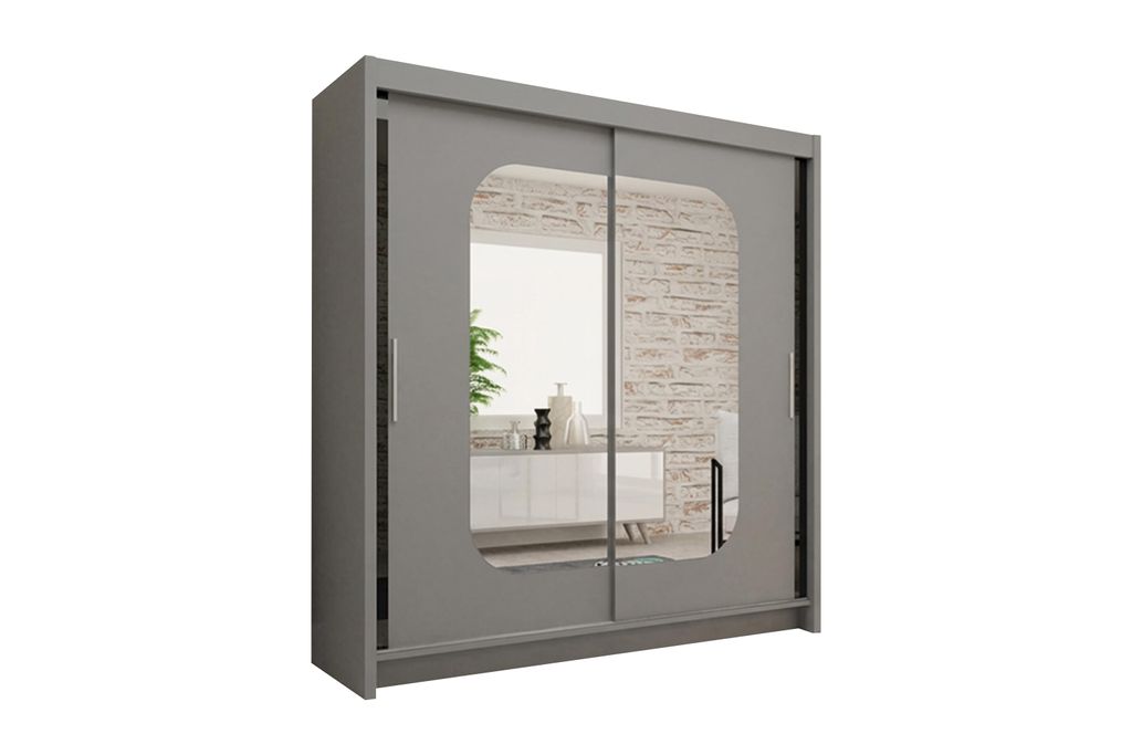 Schiebetürenschrank 203 cm Grau mit Spiegeln, Kleiderschrank mit 2 Spiegeltüren und schwarzen Glaselementen, Lieferung bis in die Wohnung