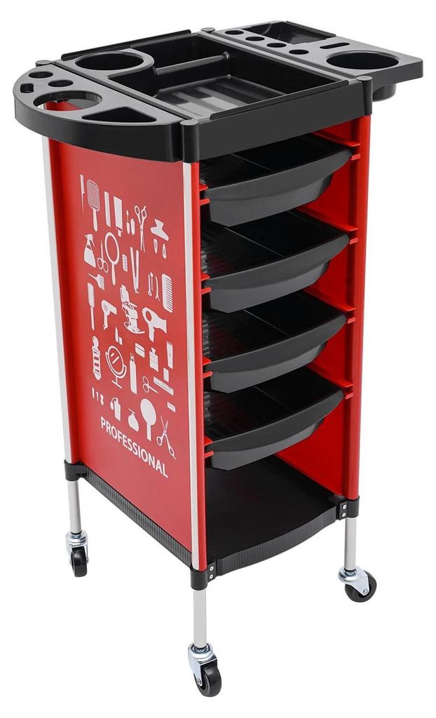 Salonwagen - Friseurwagen - 6 Ebenen, 4 Ausziehbare Schubladen, PP-Kunststoff, 37×34×88 cm, 30–50 kg - Rot
