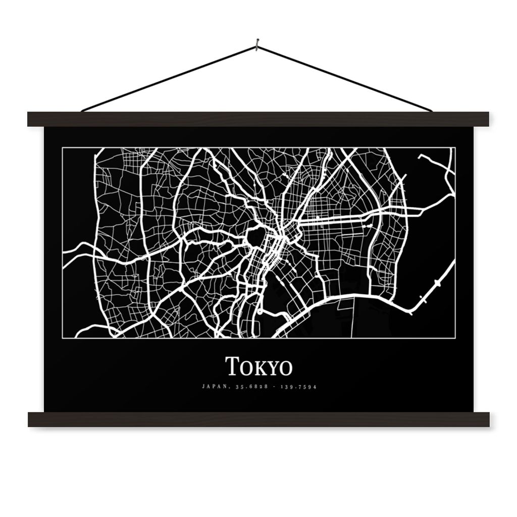 MuchoWow Textilposter Karte - Tokio - Stadtplan - Karte 60x40 cm mit schwarzem Rahmen - Hölzernes