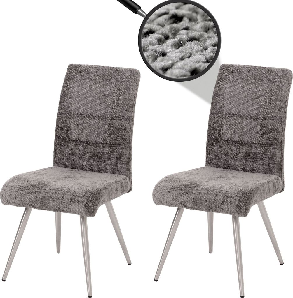 2er-Set Esszimmerstuhl HWC-G55, Küchenstuhl Lehnstuhl, Edelstahl gebürstet Stoff/Textil Chenille dunkelgrau