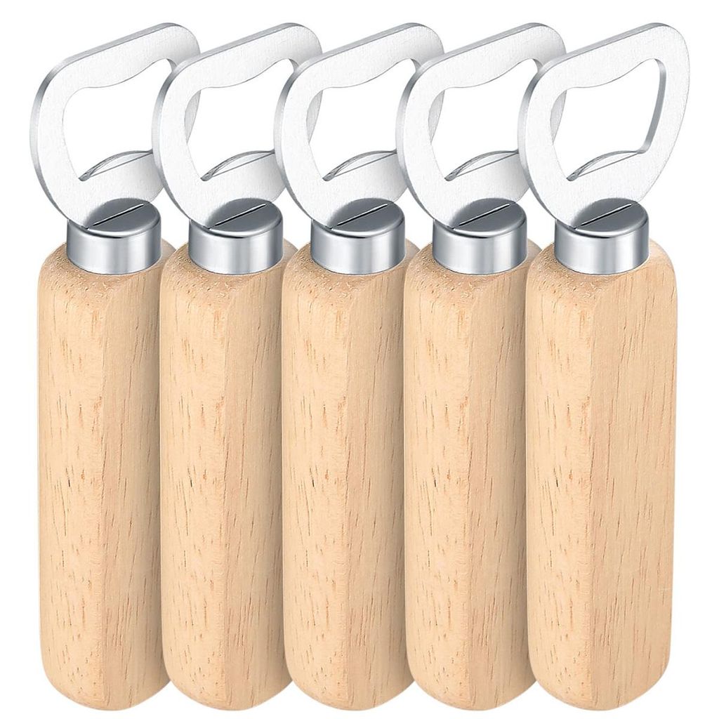 Flaschenöffner Holz 5er Set, Kronkorken Öffner Edelstahl, robust & langlebig, einfach zu bedienen, für Bier, Getränke, Bar & Küche