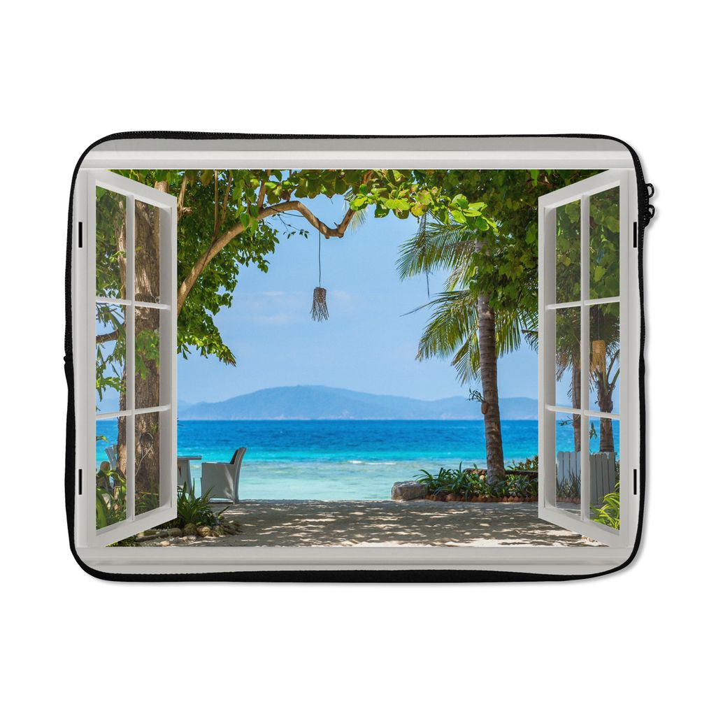 MuchoWow Laptop Hülle 17 Zoll Laptoptasche Aussicht - Baum - Meer - Palme - Hügel - Strand - Blau - Zipper - Schutzabdeckung