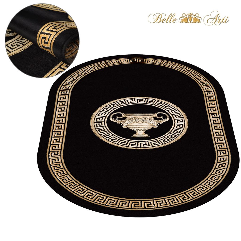 Luxus Ovaler Teppich Wohnzimmer mit Amphore Motiv in Schwarz-Gold - 100% Viskose –