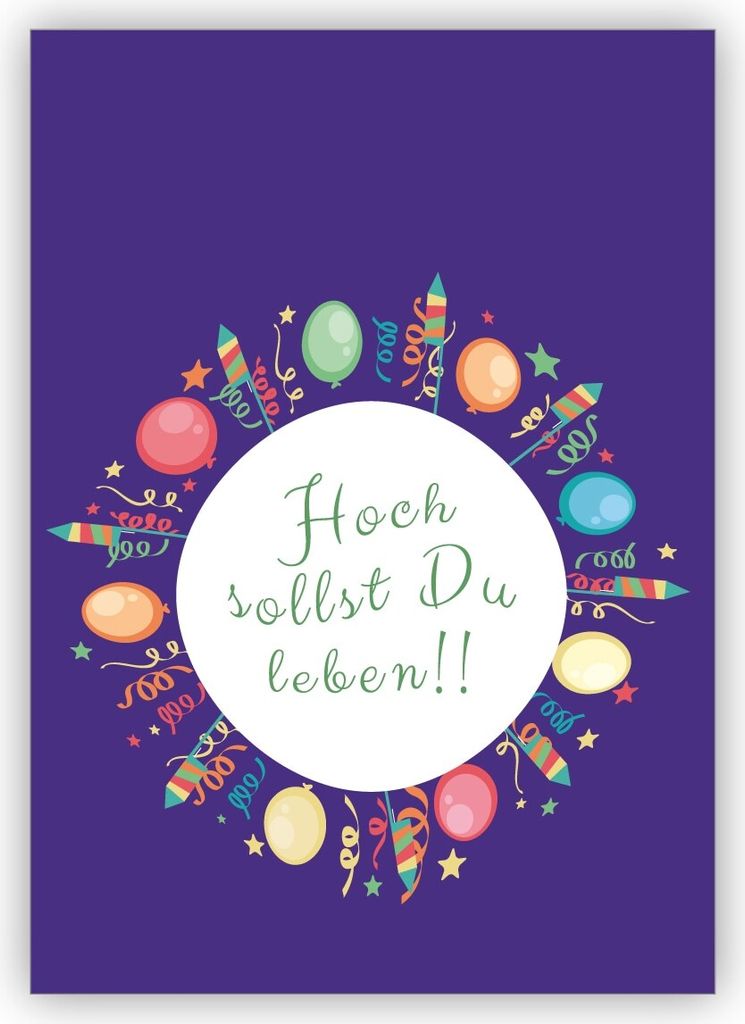 4x Lustige Kinder Glückwunschkarte, Geburtstagskarte mit Ballons und Raketen, lila: Hoch sollst Du leben!!