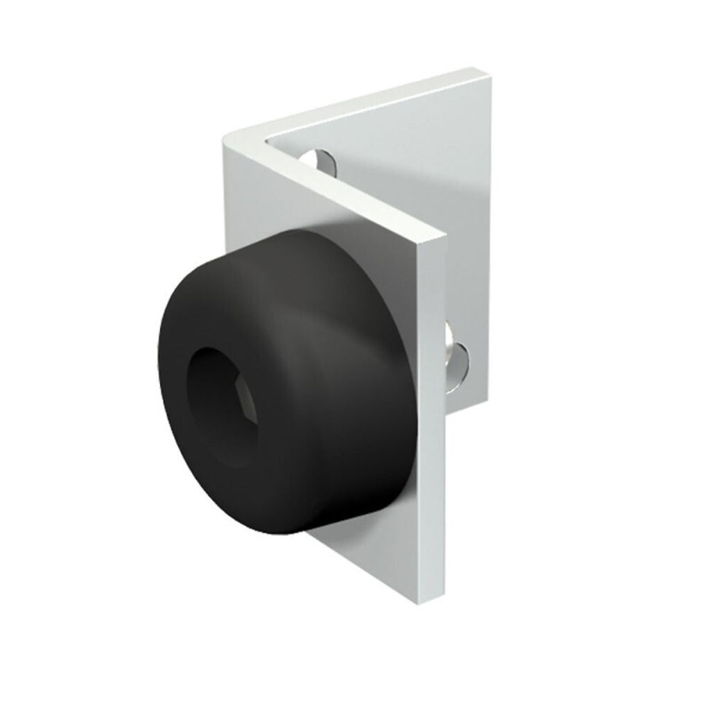 A 3D render of a door stopper with a silver L-shaped bracket and a black rubber stopper.