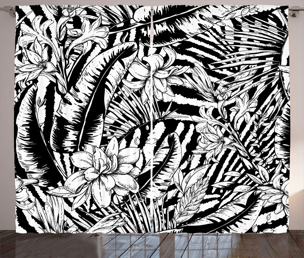 Rideau Décoratif 280x225 cm pour Grande Fenêtre Salon Jungle Noir et Blanc
