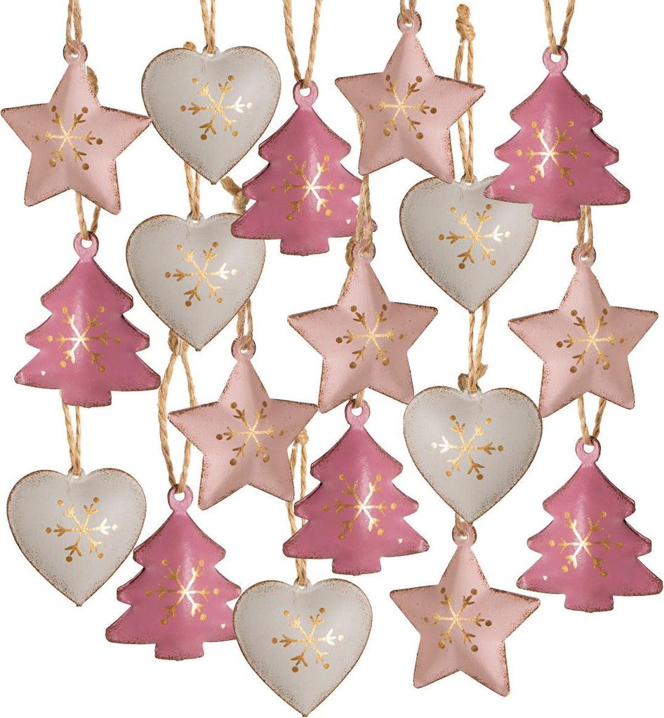 18 Weihnachtsanhänger Herz Stern Baum - rosa pink grau aus Metall 4 cm