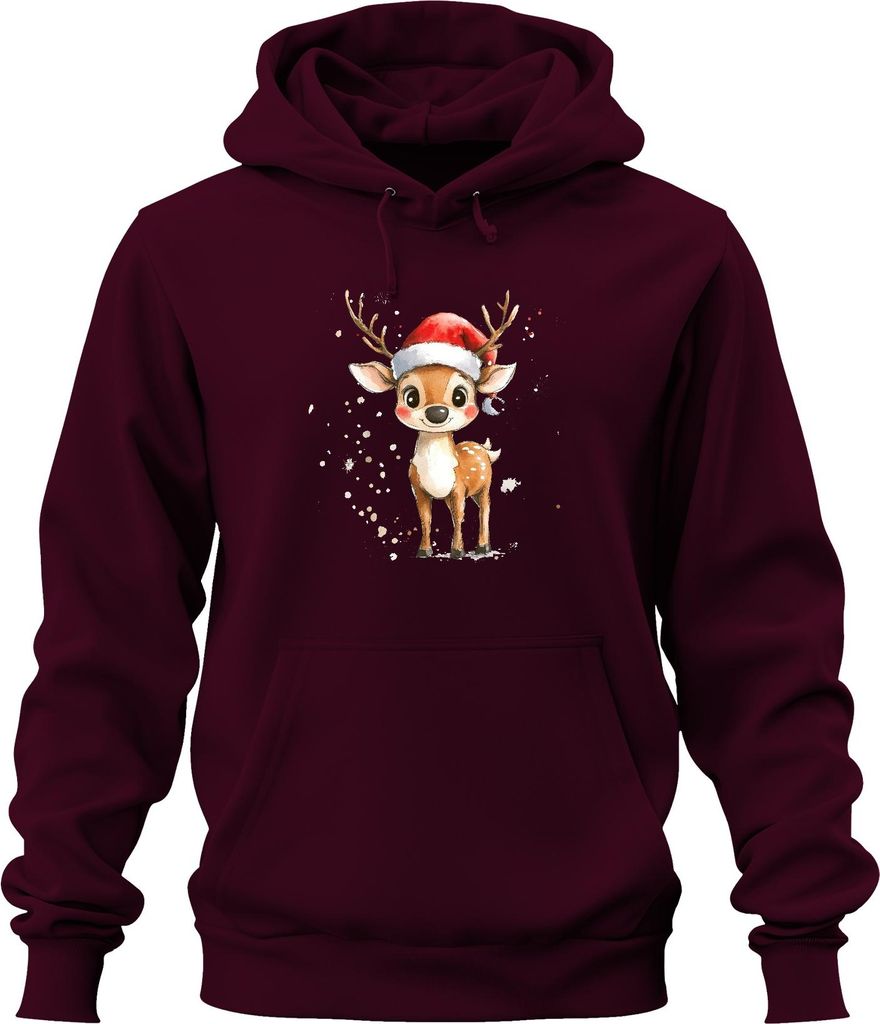 Weihnachtsrentier Aquarell Santa Hut Kinder Geschenk Niedlich Uni Hoodie Kapuzenpullover, Burgundy, S