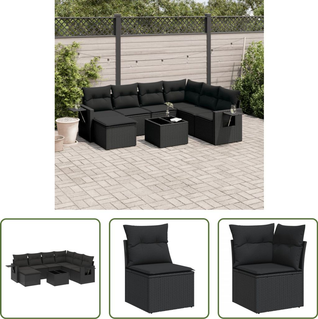 The Living Store 8-tlg. Garten-Sofagarnitur mit Kissen Schwarz Poly Rattan