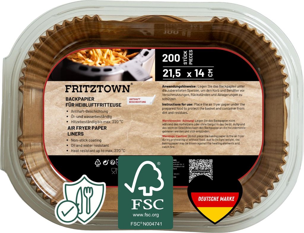 FRITZTOWN Air Fryer Papier – 200 Stück, 21,5x14 cm Rechteckig| Antihaft Backpapier für Heißluftfritteusen | Kompatibel mit Ninja AF300EU AF4...