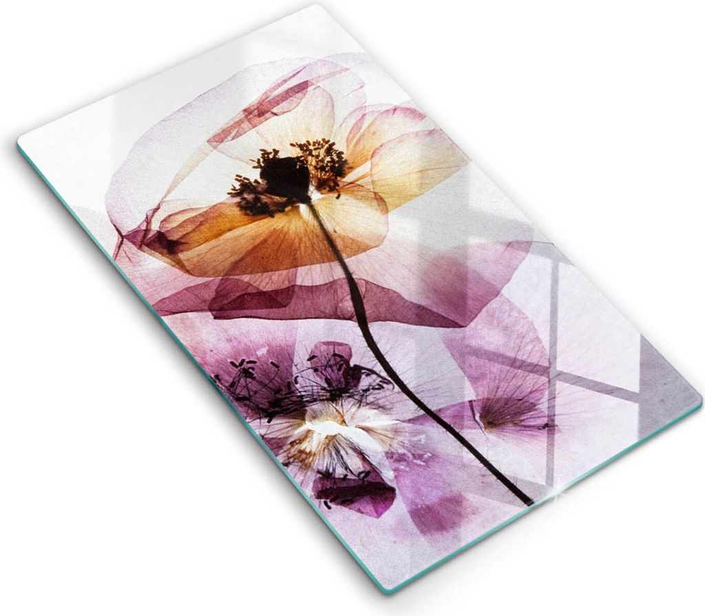 Glasschneideplatte - Herdabdeckplatte - 30x52 cm - Schneidebrett - Spritzschutz - Zarte Blumen