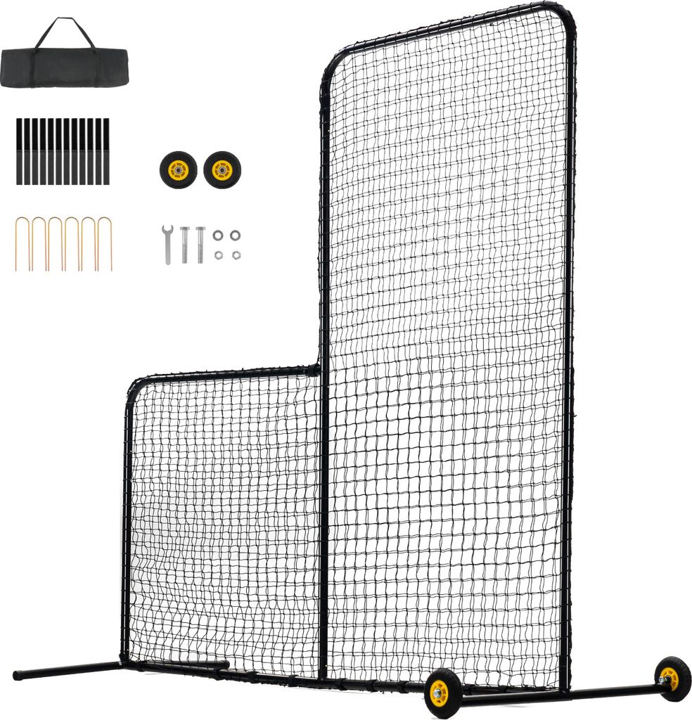 SucceBuy 7x7 ft Softball-Sicherheitsschirm, tragbares L-förmiges Schlagnetz mit Tragetasche, Rädern und Erdspießen, robuster Pitching-Schutz fü...