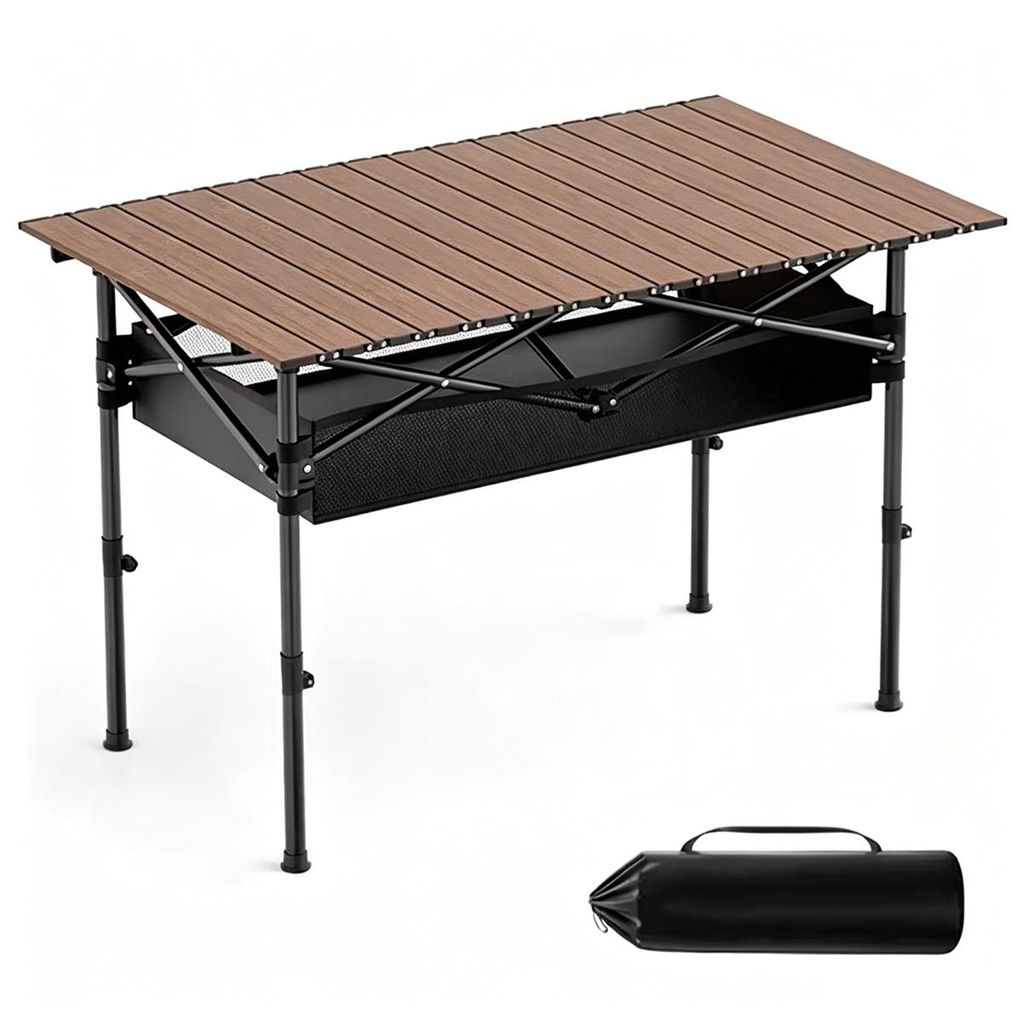 Xmund Klappbarer Campingtisch 95x55 cm mit Netzablage, Rolltisch Aluminium, Tragetasche, Leichtgewicht für Camping, Picknick, BBQ Holzmaserung