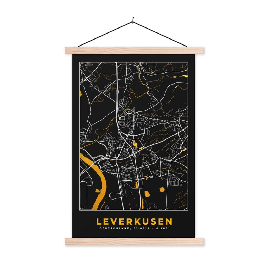 MuchoWow Textilposter Leverkusen - Gold - Stadtplan - Deutschland - Karte 60x90 cm mit holzfarbenen Rahmen - Textil