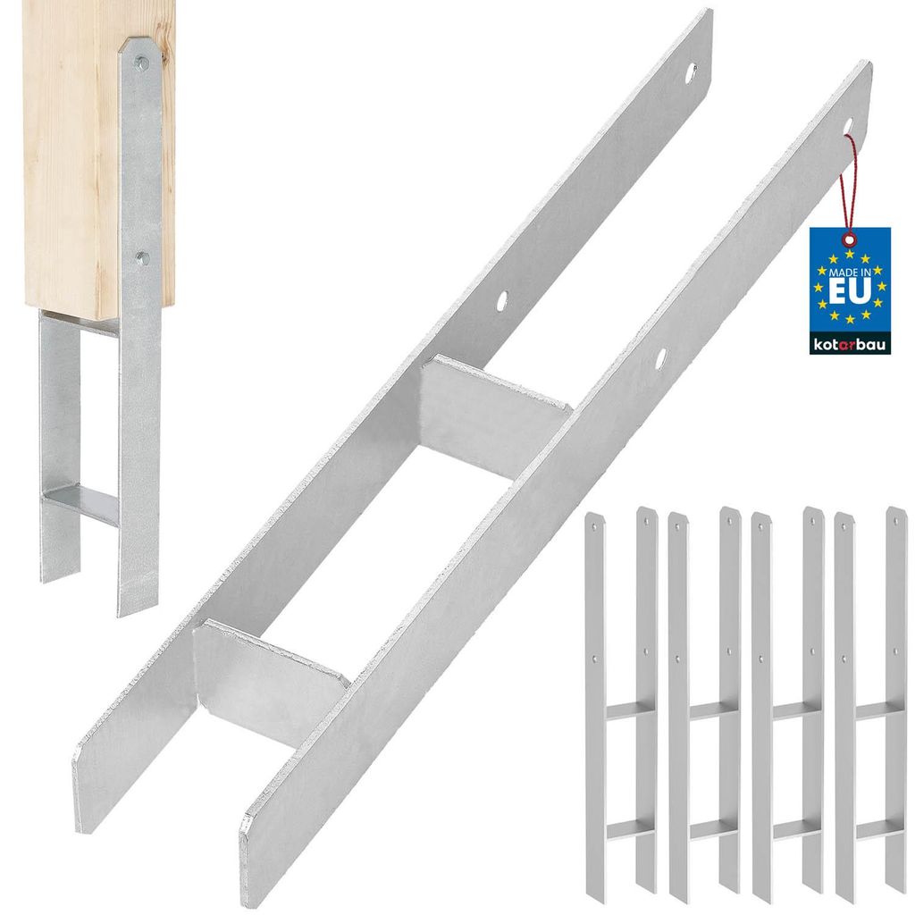 KOTARBAU 4 Stk. H-Pfostenträger zum Einbetonieren 80 mm / 600 mm H-Anker aus galvanisch verzinkter Stahl Silber Pfostenanker Balkenschuhe Stütz...