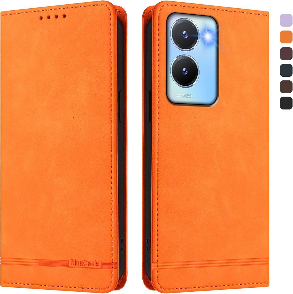 Hülle für Vivo Y56 5G, Retro Kunstleder Ständer Klapphülle mit Kartenfächer und Magnetische Orange