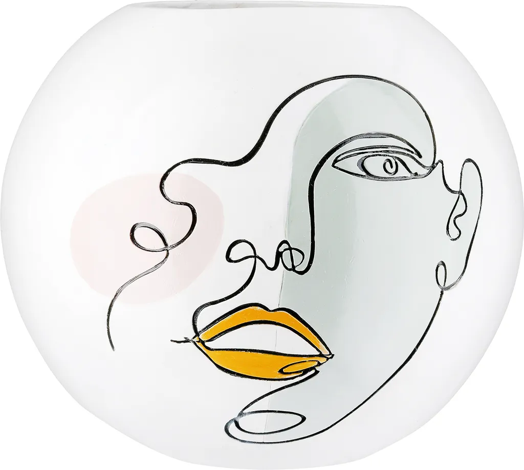 Grand Vase Rond Motif Visage Artistique Résine Blanche H22cm Style Arty