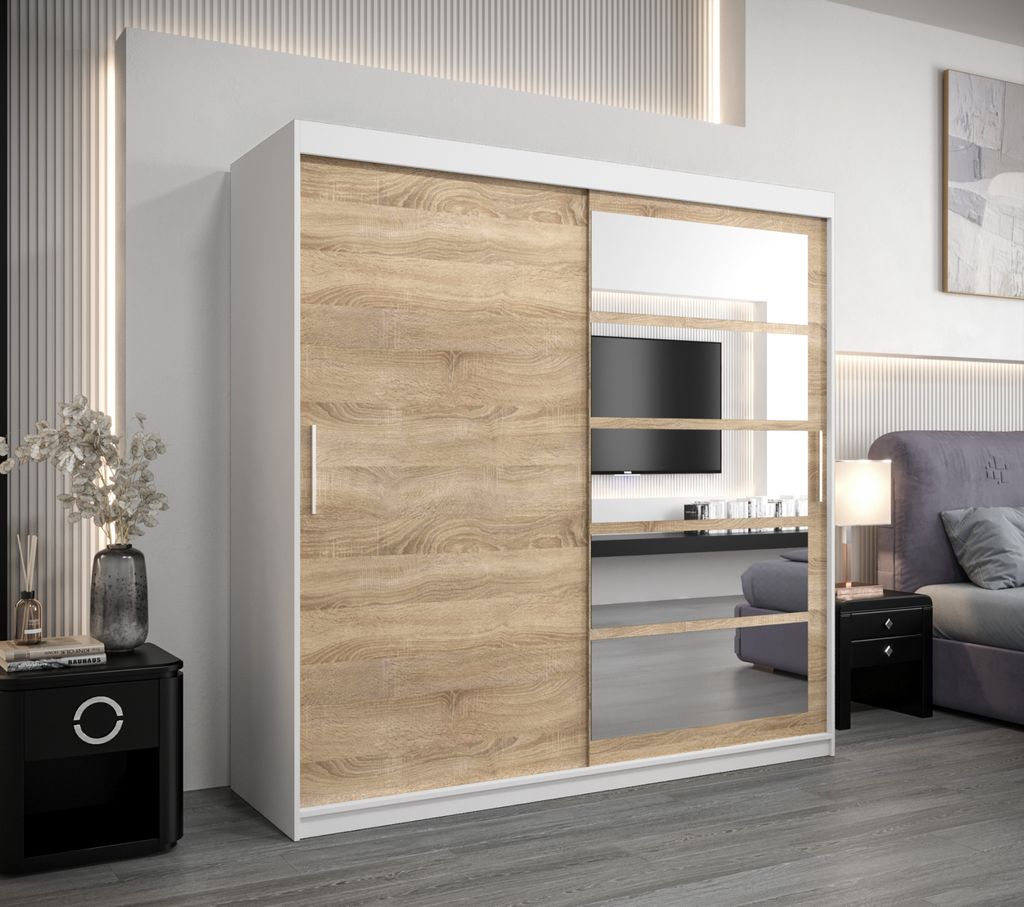 Kleiderschrank DENISA – Breite 200 cm, weiß/sonoma Eiche