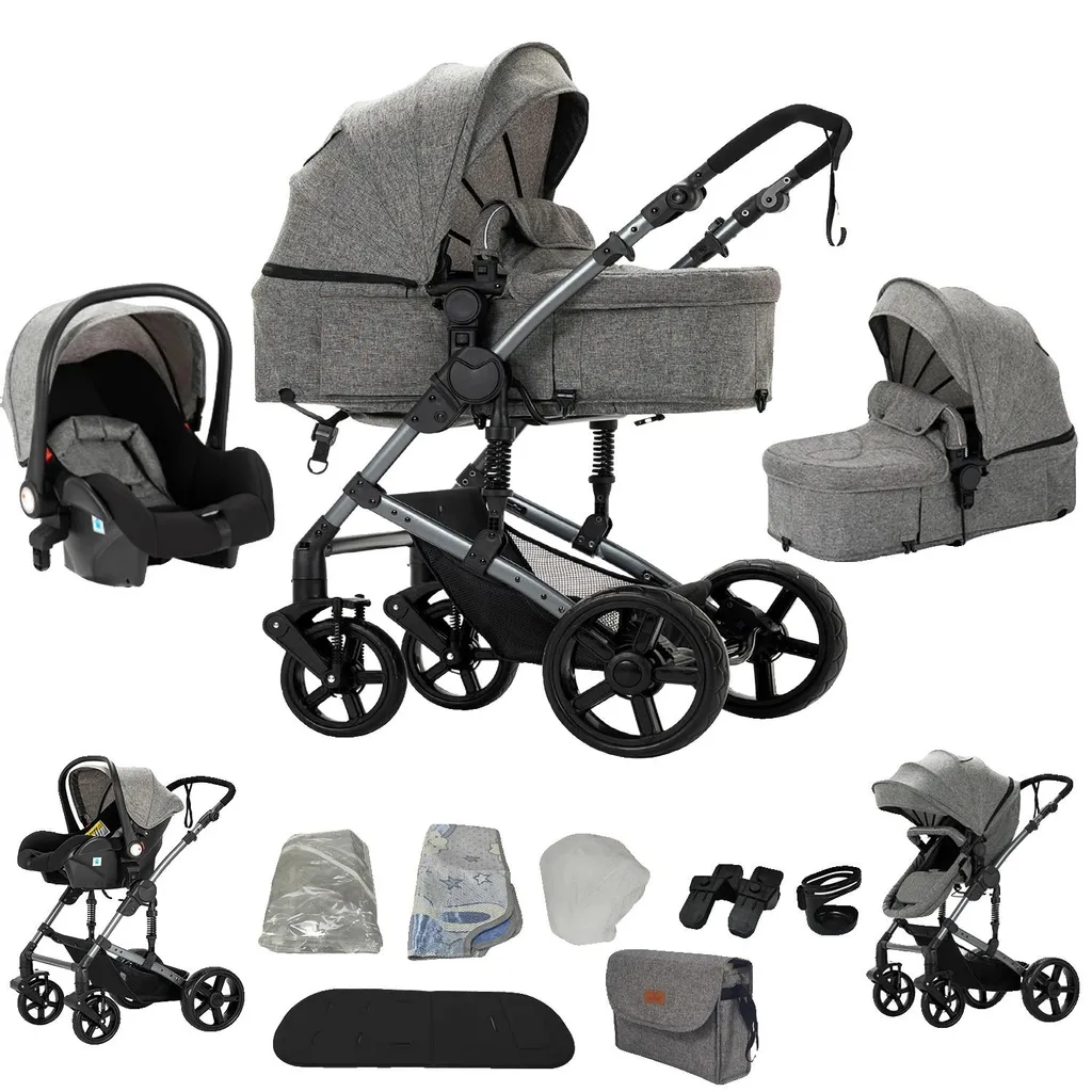 Poussette 3-en-1 légère et compacte modèle B588-Gris pour bébé
