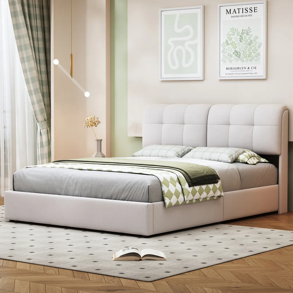 Lit velours blanc 140x200 avec sommier LED et lattes bois série Luxe