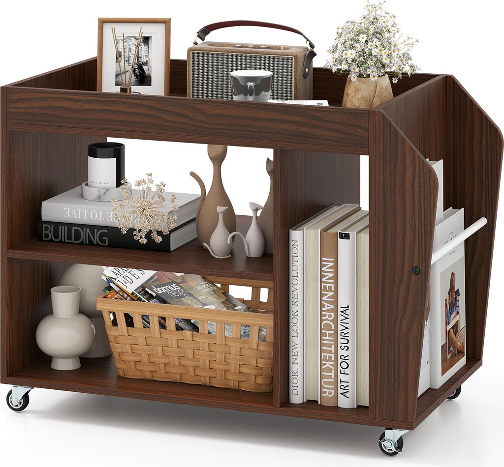 COSTWAY Beistelltisch 3 Ebenen, Nachttisch Nachtschrank Holz mit Rollen, Rollender Sofatisch für Arbeitszimmer, Wohnzimmer und Schlafzimmer