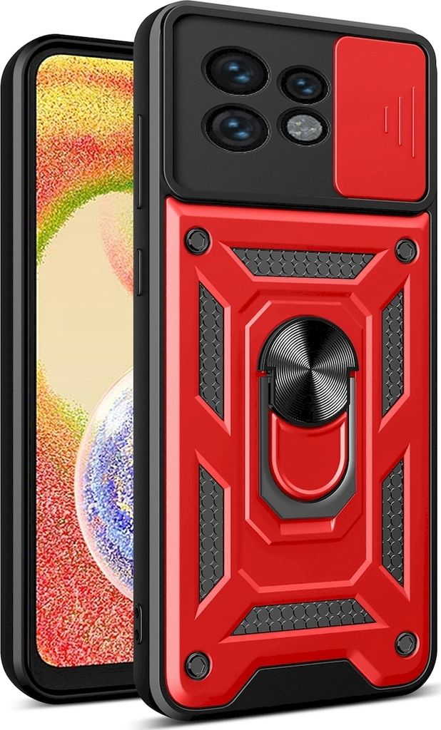 Mobigear Armor Ring Cam Slide Motorola Edge 40 Pro Hülle Hardcase Backcover Stoßfest mit Ringhalter und Kamera Slider - Rot