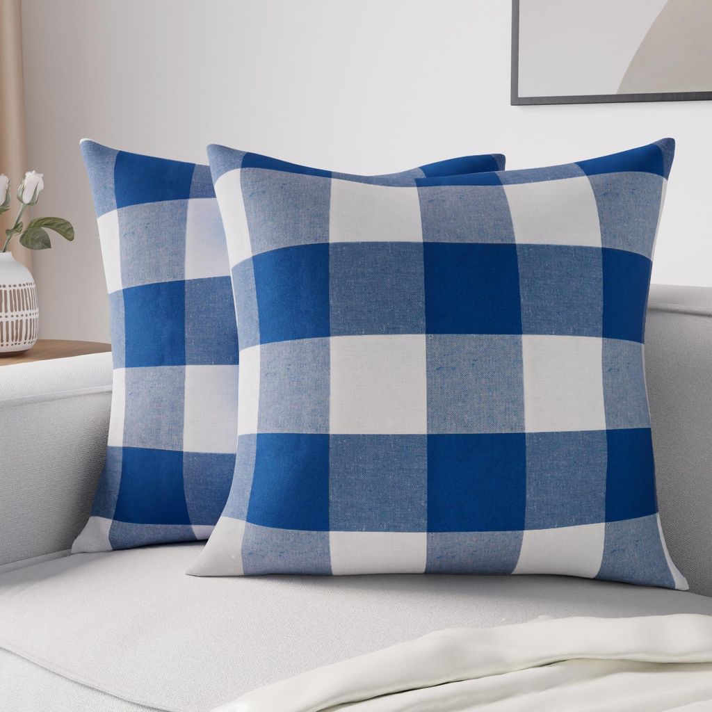 Kissenbezüge, 2 Stück (40 x 40 cm), Buffalo Blue Check, weiche Baumwolle, ungefärbt, quadratisch, dekorativ für Wohnzimmer, Schlafzimmer, Sofa,...