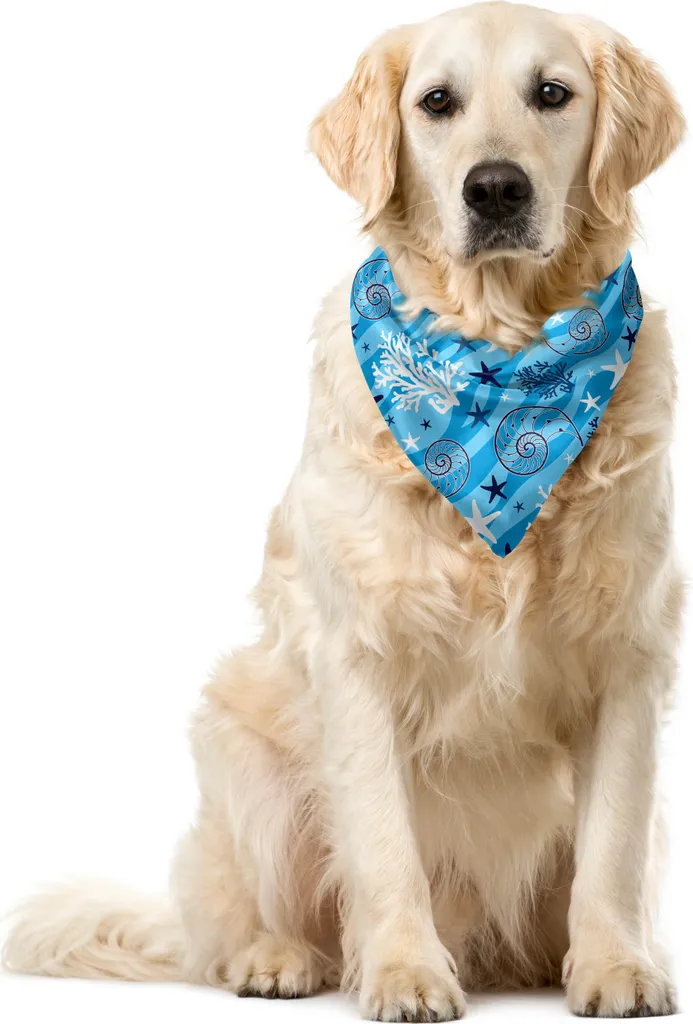 ABAKUHAUS Bandana per animali domestici Sea Shells, stelle marine e capesante, 40x40 cm, blu scuro, bianco