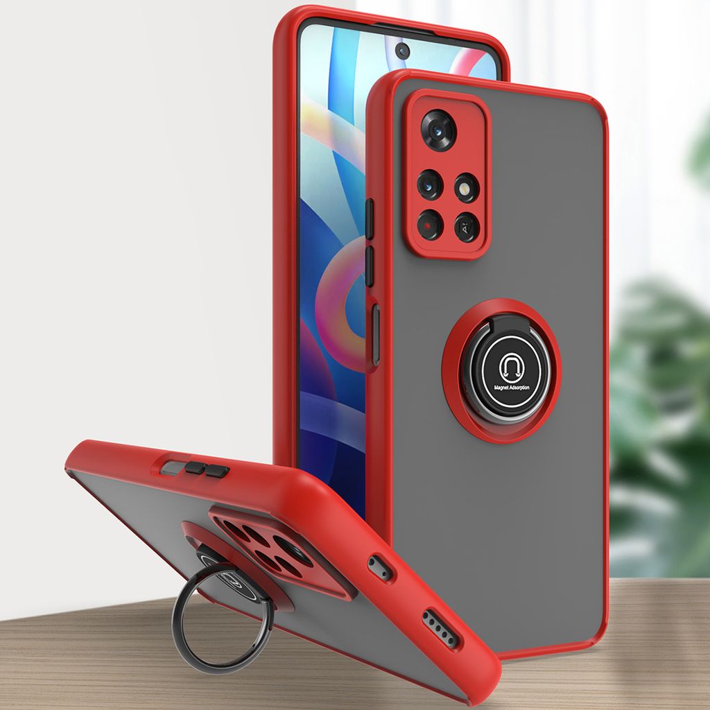 Xiaomi Poco M4 Pro 5G Hülle, Ring Halter Ständer Matte Transluzent TPU Rahmen Stoßfest Schutzhülle für Xiaomi Poco M4 Pro 5G Rot