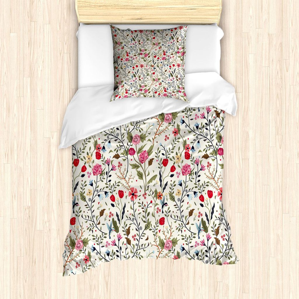 ABAKUHAUS Blumen Bettbezug Set, Blumen Collage aus Ritterstern Tulpen Rosen Veilchen Lebhafter Fröhliche Natur Muster, 135 x 200 cm + 80 x 80 cm, ...