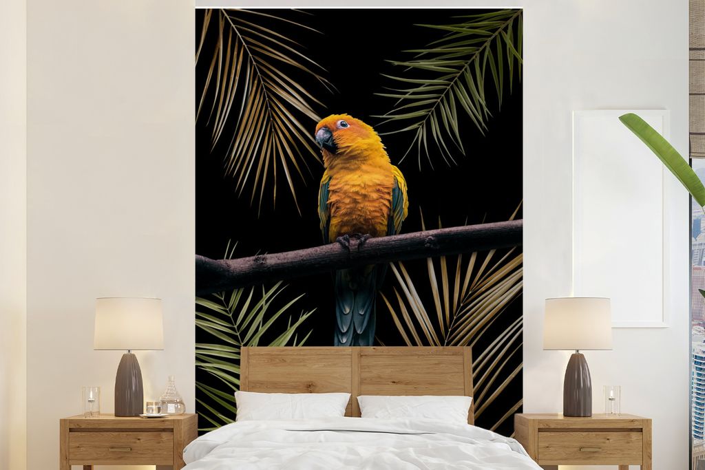 MuchoWow Fototapete für Wohnzimmer oder Schlafzimmer Wandtapete Vinyl Motivtapete Farn - Papagei - Pflanzen - 160x240 cm - Vinyltapete