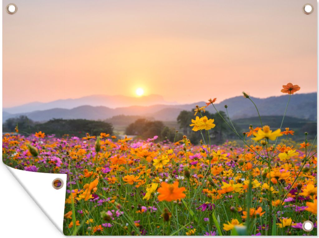 MuchoWow 120x90 cm Outdoor-Poster Gartendeko Sichtschutz Garten Poster für den Garten Blumen - Sonnenuntergang - Berg