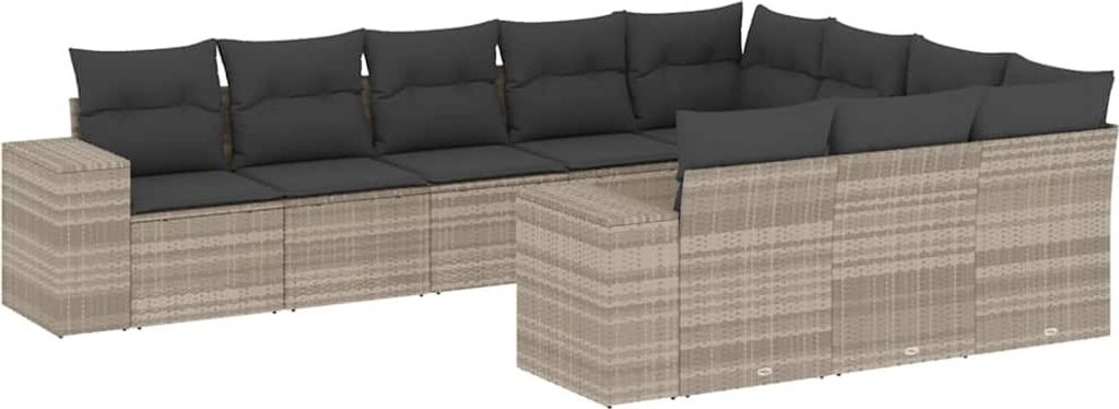 vidaXL 10-tlg. Garten-Sofagarnitur mit Kissen Hellgrau Poly Rattan