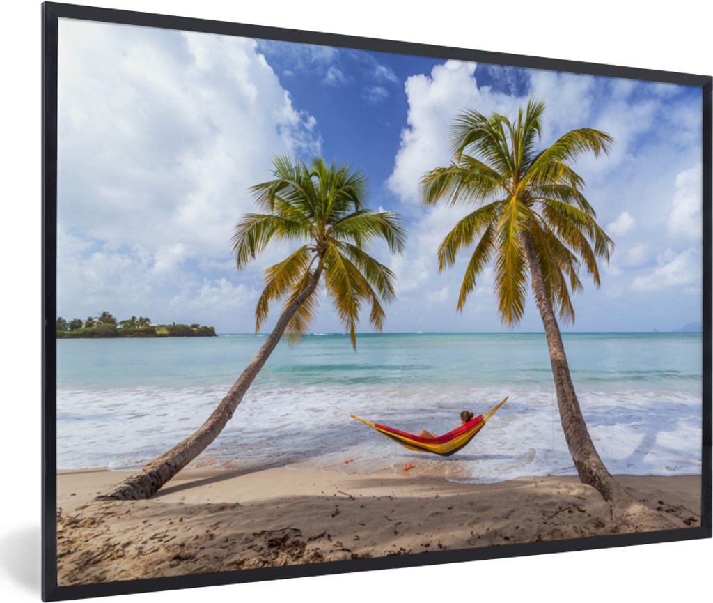 MuchoWow MuchoWow Gerahmtes Poster Strand - Palmen - Hängematte 90x60 cm - Poster mit zchwarzem Bilderrahmen - Fotorahmen - Foto-Plakat