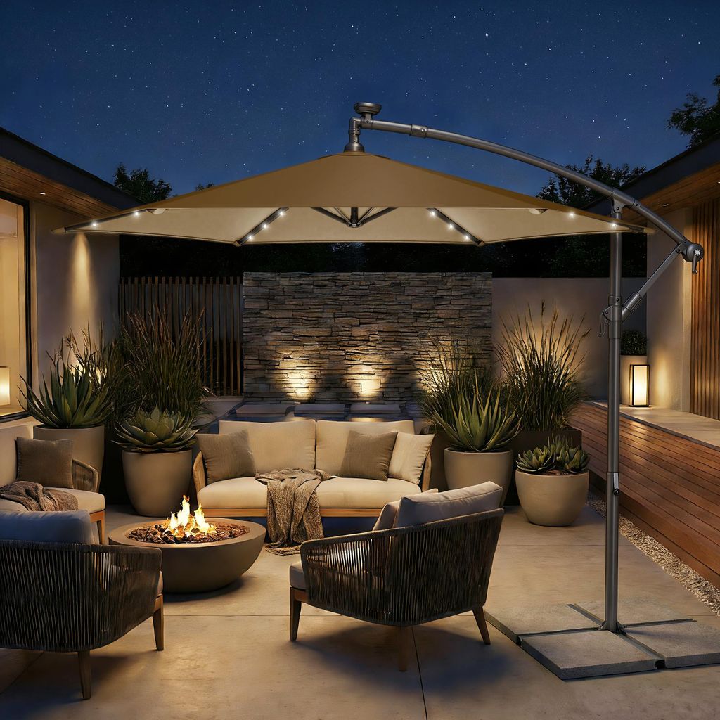 SONGMICS Sonnenschirm Ø 300 cm mit LED-Solar-Beleuchtung UPF 50+