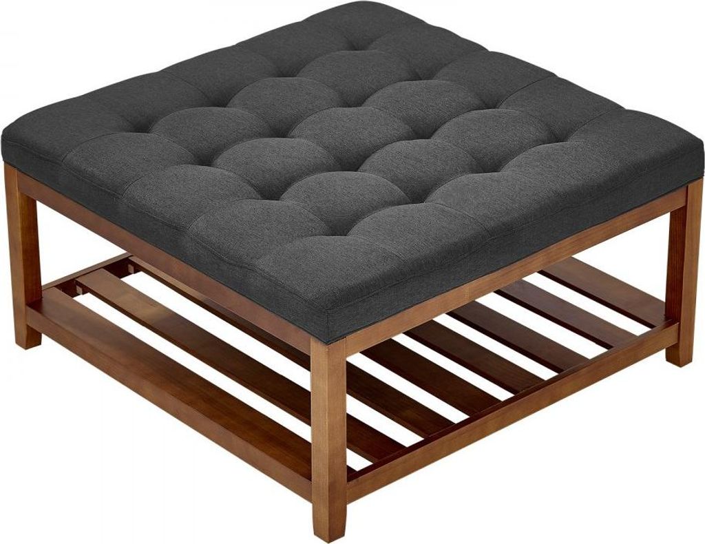 Quadratischer Couchtisch (875x875x445mm) mit Ablagefläche - Massivholz-Ottomane mit massiver Polsterung - Leinenfußstütze für Schlafzimmer & Wo...