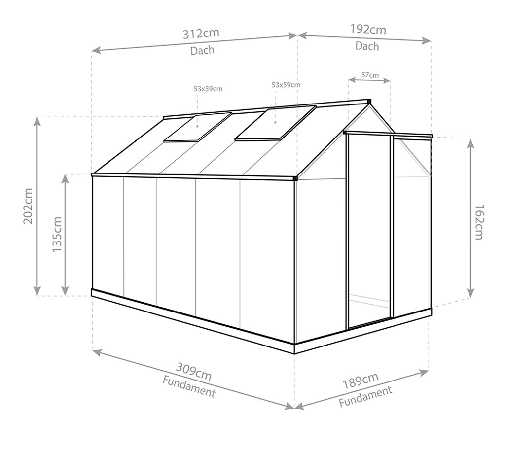 Serre Aluminium Westmann Flora 610 - Dimensions 312x192x201 Cm, Plaques Polycarbonate 4 Mm, 2 Fenêtres Toit, Couleur Anthracite