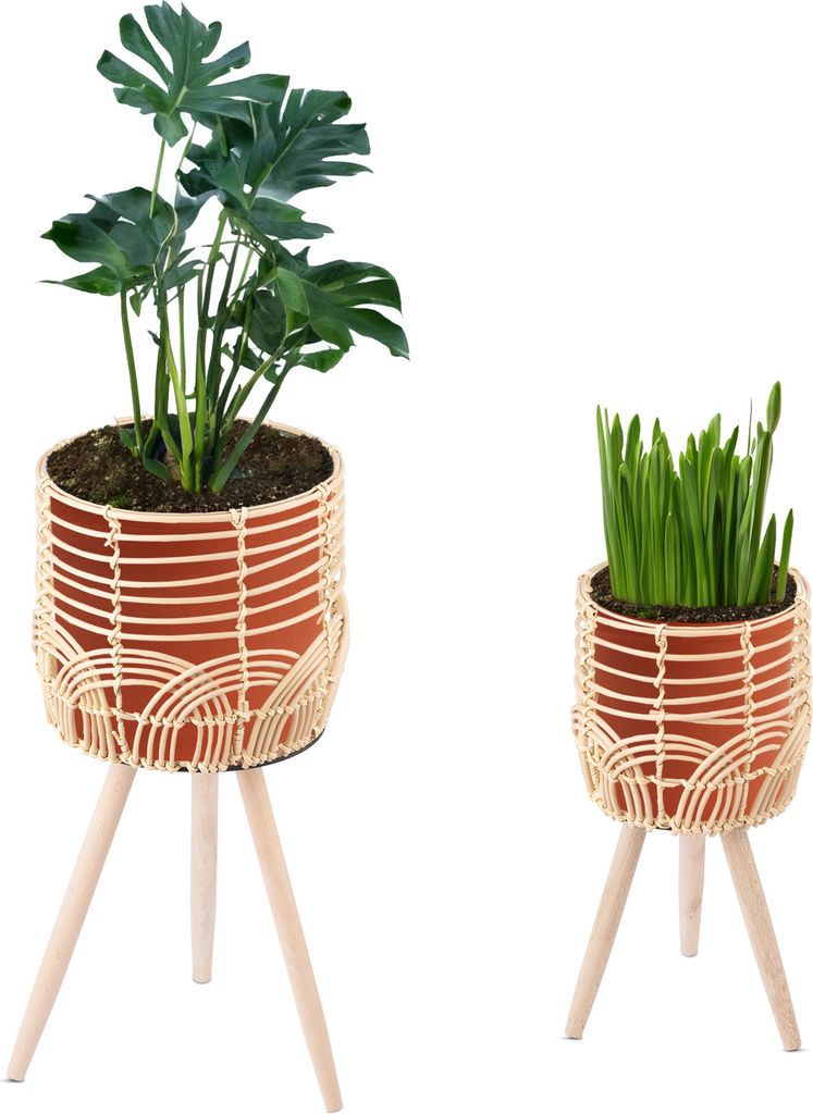 Navaris 2x Blumentopf mit Ständer im Rattan Look - Boho Blumentopf geflochten - Pflanzen Hocker im Korb Design - Blumentopfständer mit Beinen aus...
