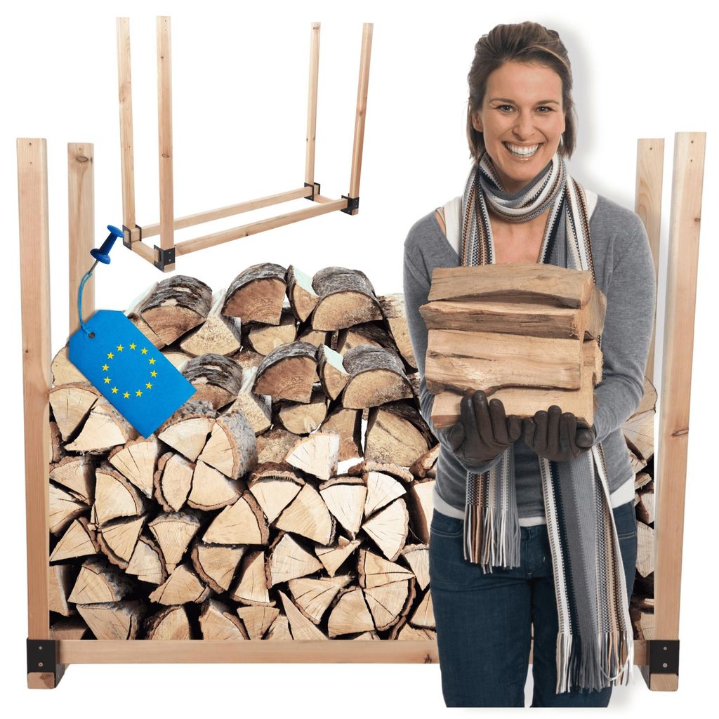 MODO24 Kaminholzregal, Holzunterstand, Brennholzregal, Holzlager, Brennholzständer, Aufbewahrung, Garten, Wetterfest, Massivholz, 150x146x40 cm, DRE