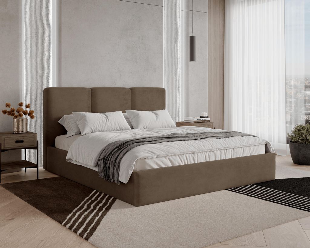 BESILIO Polsterbett mit Stauraum 160x200 Mira – schlankes, minimalistisches Bett mit Metallrahmen – Braun